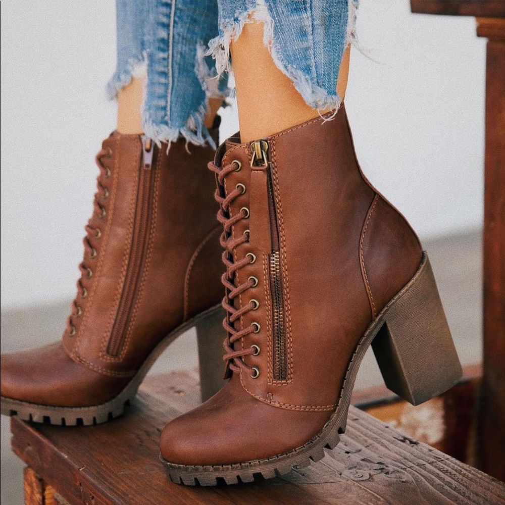 Tan Lace Up High Chunky Heel Combat Boots - Picture 2 of 11